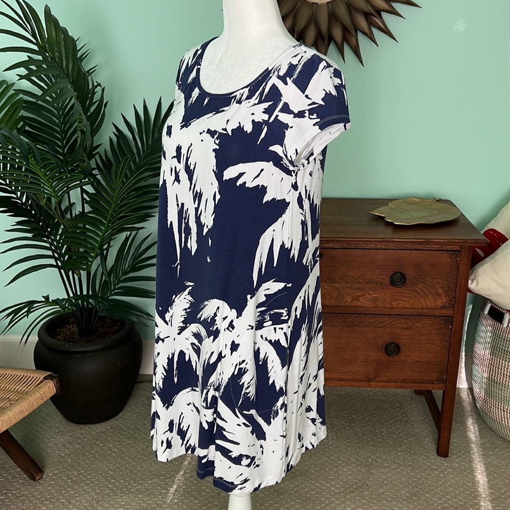 Tori Richard Honolulu T-shirt Dress Palm Tree White Blue size XS